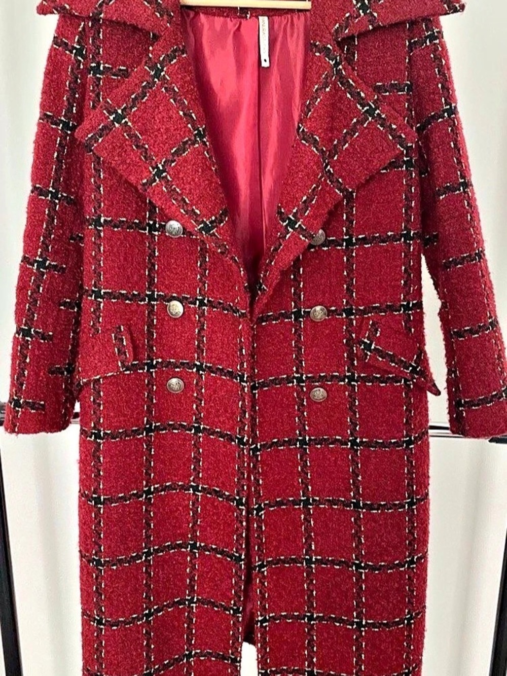 Pianurastudio Italian Designer Burgundy Plaid Tweed Coat with Crest Buttons - Si